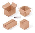 Isometric cardboard box set with realistic 3d effect. Vector illustration on white background.