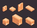 Isometric cardboard boxes. Cardboard parcel boxes, mail delivery and shipping packages. Carton boxes flat vector illustration set