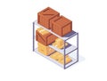 Isometric cardboard and wooden boxes on warehouse stand for delivery and storage concept.