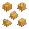 Isometric cargo containers set of wooden pallets and cardboard boxes isolated vector