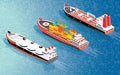 Isometric Cargo Ship Container, LNG Carrier Ship and Oil Tanker