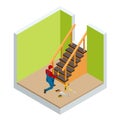 Isometric carpenter building wooden staircase, checking levels for accuracy and quality control in a new home.