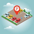 Isometric cars in the car parking. Parking Sign. City parking vector web banner isometric flat vector style. Flat 3d