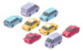 Isometric cars illustration isolated icons of taxi, minivan private passenger or armored car