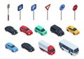 Isometric cars. Road signs, 3d vehicles isolated on white background. Autos, truck and bus vector set Royalty Free Stock Photo