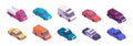 Isometric cars. Urban road transport vehicle icons city traffic, different types of automobiles flat style for