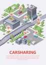 Isometric carsharing map vector illustration 3d of car sharing or carpool service parking location infographic Royalty Free Stock Photo