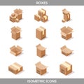 Isometric carton packaging boxes set in isometric style with postal signs this side up fragile