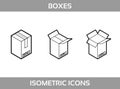 Isometric carton packaging boxes set in line art style with postal signs this side up fragile vector Royalty Free Stock Photo