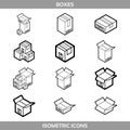 Isometric carton packaging boxes set in line art style with postal signs this side up fragile vector