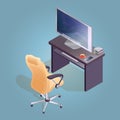 Isometric cartoon armchair, computer and table icon. Royalty Free Stock Photo