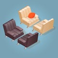 Isometric cartoon armchair icon isolated on blue.