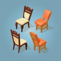 Isometric cartoon chairs icon set on blue.