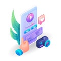 Isometric, cartoon 3D icon Mobile audio photo and video file editor. Support and like for the mobile app. Vector for Royalty Free Stock Photo