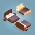 Isometric cartoon double king size beds isolated on blue.