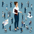 Isometric cartoon people, 3d businessman big man small workers and subordinates, female director for vector illustrations