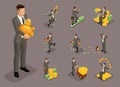 Isometric cartoon people, 3d businessman, rich man with money in different situations, big man and mini concept