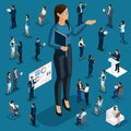 Isometric cartoon people, 3d businessmen big director woman small workers and subordinates for vector illustrations