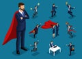 Isometric cartoon people, 3d businessmen and supermen in different situations, big man and mini concept with him