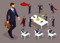 Isometric cartoon people, 3d businessmen and supermen in different situations, big man and mini concept with office staff