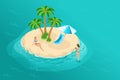 Isometric cartoon vector people, 3d girl in a bathing suit on a desert island on the middle of the sea bright summer Royalty Free Stock Photo