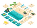 Isometric cartoon vector people, 3d girl in swimsuit, set for creating her beach with beautiful sea waves bright summer