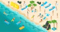 Isometric cartoon vector people, set 3d girl in bathing suits beach, sunbathing, stones, big word sun summer vector Royalty Free Stock Photo