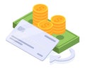 Isometric cash depositing to card. Money stack, cash dollars banknote and gold coins cash depositing into bank account 3d vector