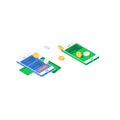 Isometric cash flow smartphone application. Vector illustration of card, banknote, golden and silver coins with two