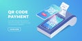 Isometric Cashless Payment machine with qr code on screen, smartphone scan to pay barcode banner