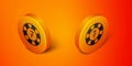 Isometric Casino chips icon isolated on orange background. Casino gambling. Orange circle button. Vector