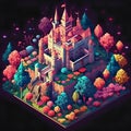 Isometric castle in the forest. Colorful fantasy landscape. 3d illustration