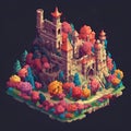 Isometric castle in the forest. Colorful fantasy landscape. 3d render