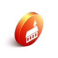 Isometric Castle icon isolated on white background. Orange circle button. Vector Royalty Free Stock Photo