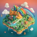 Isometric castle on the island with a rainbow and clouds. 3d illustration