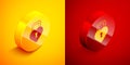Isometric Castle in the shape of a heart icon isolated on orange and red background. Locked Heart. Love symbol and Royalty Free Stock Photo