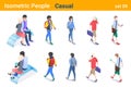 Isometric Casual People flat vector collection. Man and Woman walking, talking or looking on Mobile phone, sitting and hugging on Royalty Free Stock Photo