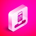 Isometric Cat scratching post with toy icon isolated on pink background. Silver square button. Vector
