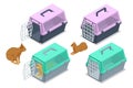 Isometric cat in a soft carrier on the floor . Cat carrier with the open and closed door.