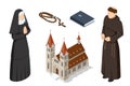 Isometric Catholic Church Building, Catholic Bible, Catholic Priest And A Nun In Traditional Robes In Vestment Isolated