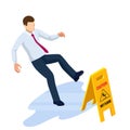 Isometric caution wet floor sign isolated on white background. The man slipped on the wet floor. Royalty Free Stock Photo