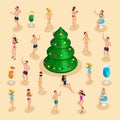 Isometric celebration, men and women in bathing suits have fun at the Christmas celebration on the sea sand on the beach