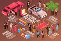 Isometric celebrities horizontal composition with famous people colourful infographic elements and flowchart with editable text