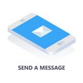 Isometric cell phone design. Isolated flat vector image. gadget with message envelope on a screen. Network communication concept.