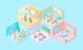 Isometric cells educational activity classrooms, kindergartens, elementary schools, lectures, canteens and laboratories. pastel