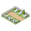 Isometric cemetery with graves, crosses and tombstones