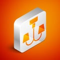 Isometric Chandelier icon isolated on orange background. Silver square button. Vector