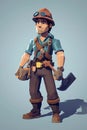 Isometric character of a miner holding a pickaxe and wearing a helmet. Royalty Free Stock Photo