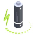 Isometric charged battery. Alkaline accumulator with green power indicator flat vector illustration