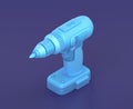 Isometric charged wireless power drill on blue background, single color workshop tool, 3d rendering